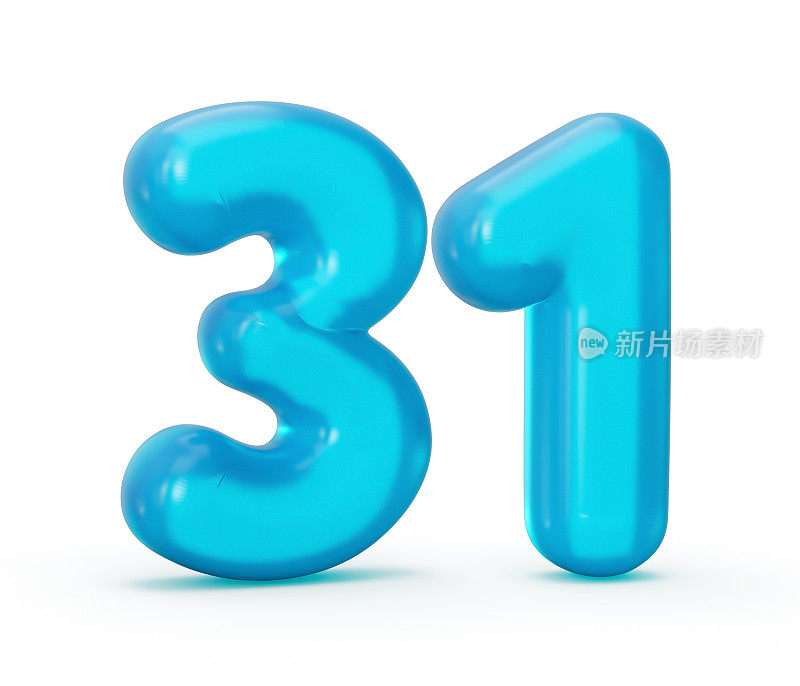 蓝色果冻数字31/31孤立在白色背景果冻彩色字母数字儿童3d插图